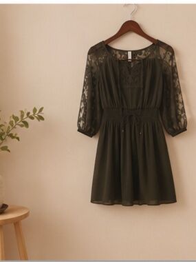 Xhilaration Forest Green Dress • Lace Boho Chiffon Dress XS